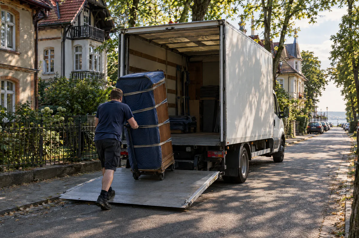 Transport mebli w Sopocie – pracownik wtacza szafę zabezpieczoną kocami na windę samochodu